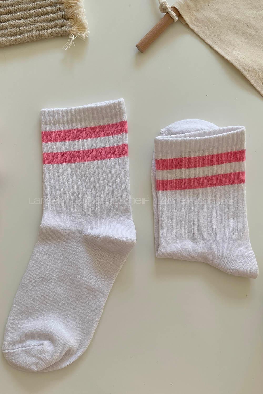 Modalamelif Pudra Çizgili Beyaz Soket Çorap