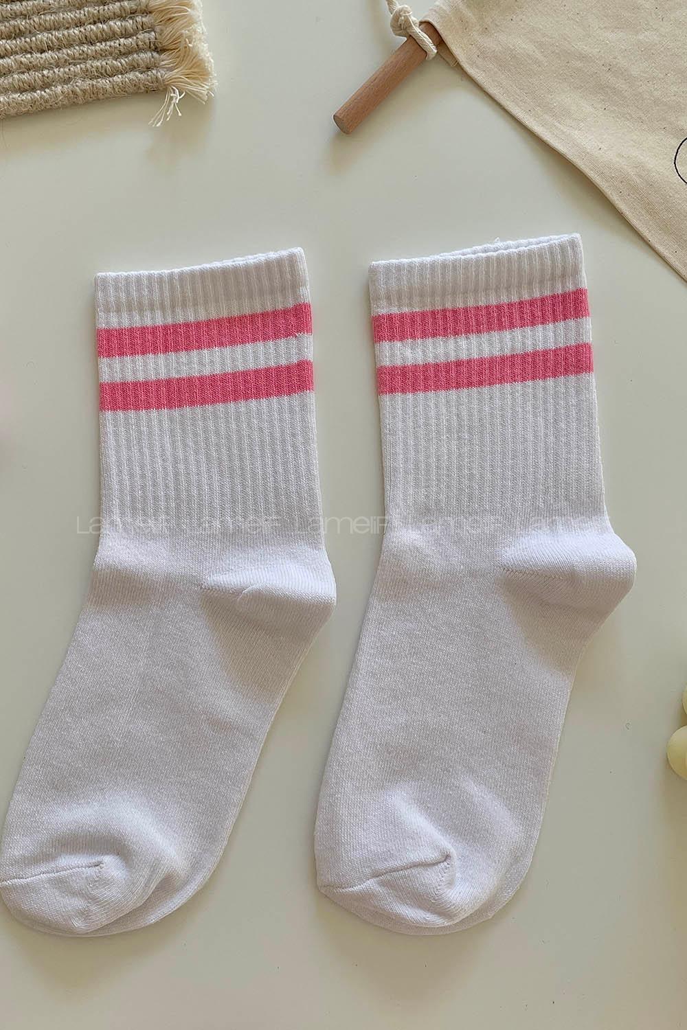 Modalamelif Pudra Çizgili Beyaz Soket Çorap