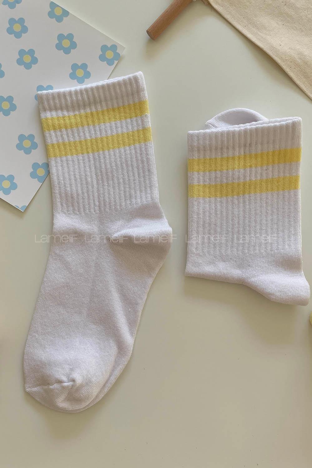 Modalamelif Sarı Çizgili Beyaz Soket Çorap