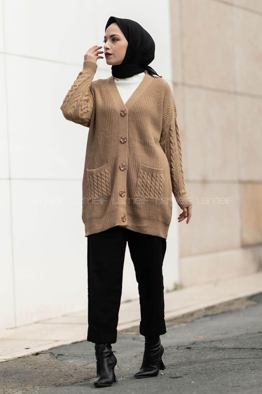 Modalamelif V Yaka Önü Düğmeli Saç Örgü Desenli Çift Cepli Hırka Camel