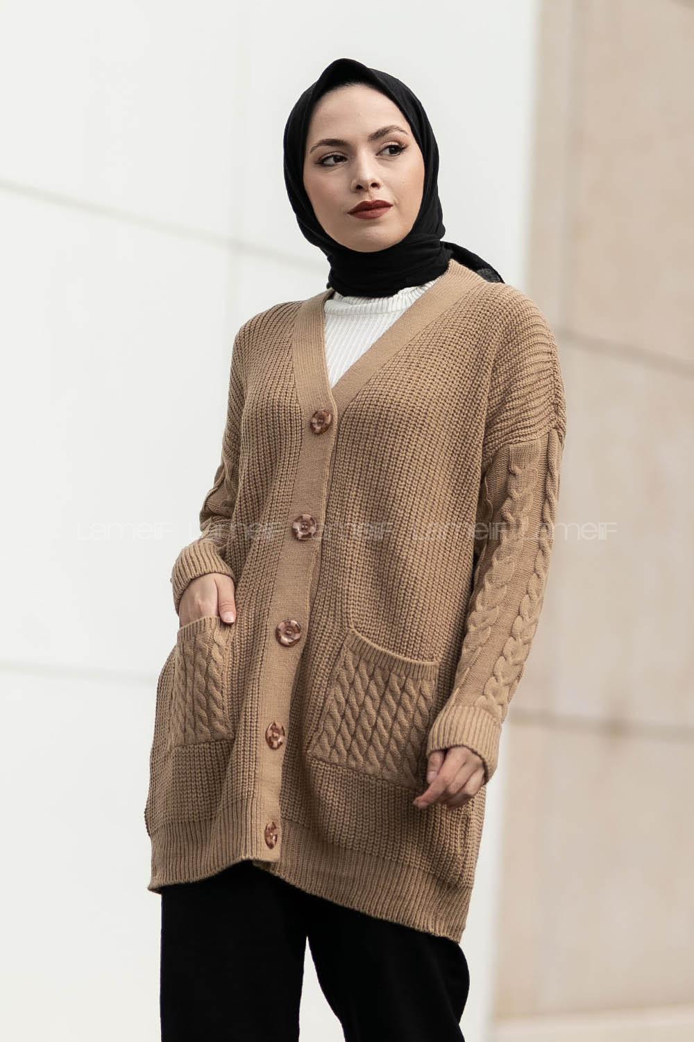 Modalamelif V Yaka Önü Düğmeli Saç Örgü Desenli Çift Cepli Hırka Camel