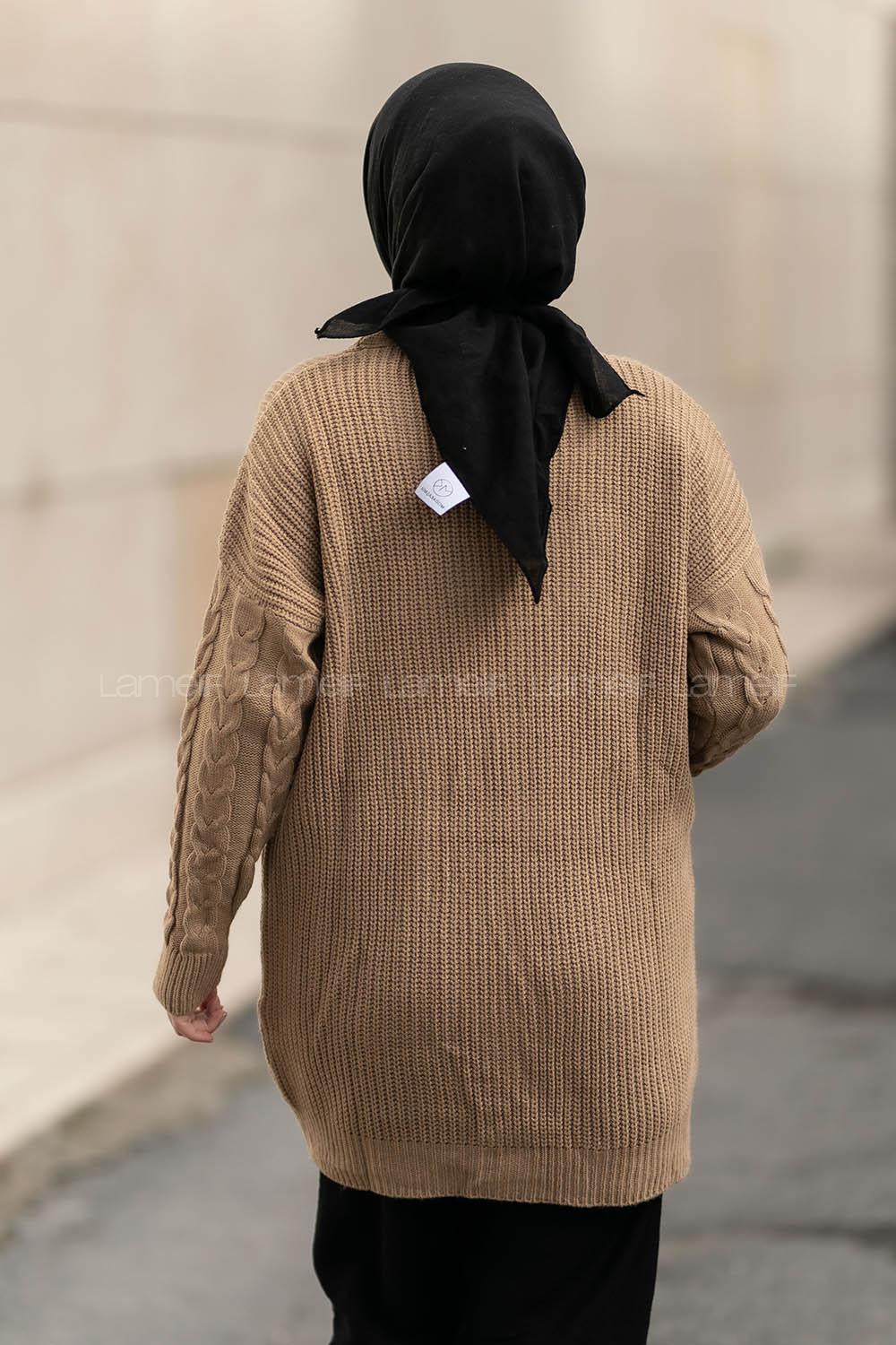 Modalamelif V Yaka Önü Düğmeli Saç Örgü Desenli Çift Cepli Hırka Camel