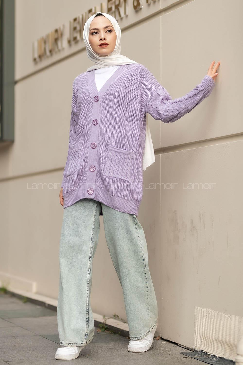 Modalamelif V Yaka Önü Düğmeli Saç Örgü Desenli Çift Cepli Hırka Lila