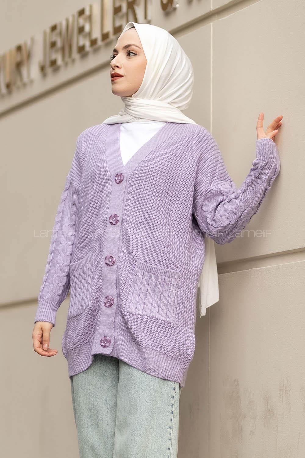 Modalamelif V Yaka Önü Düğmeli Saç Örgü Desenli Çift Cepli Hırka Lila