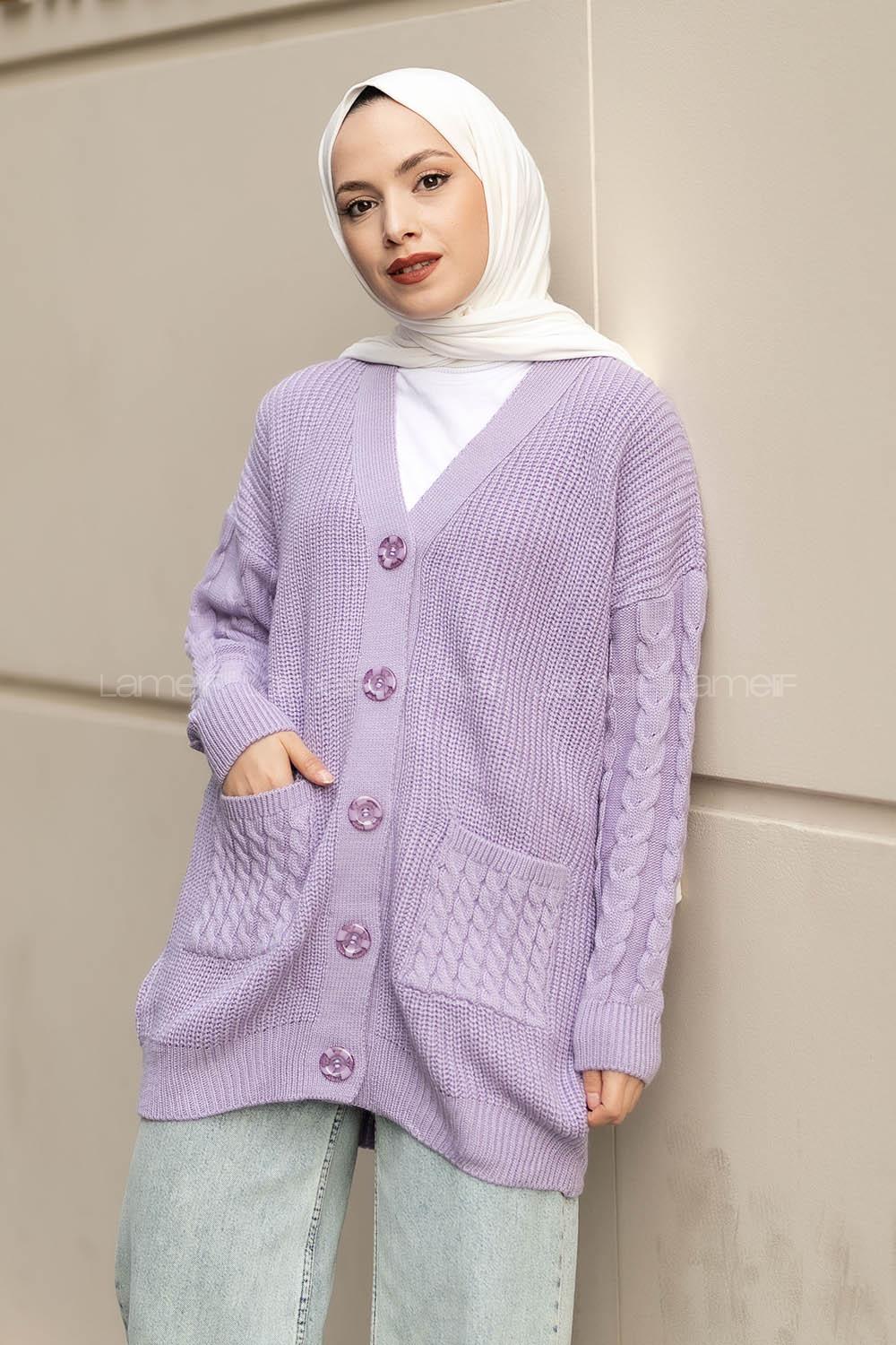 Modalamelif V Yaka Önü Düğmeli Saç Örgü Desenli Çift Cepli Hırka Lila