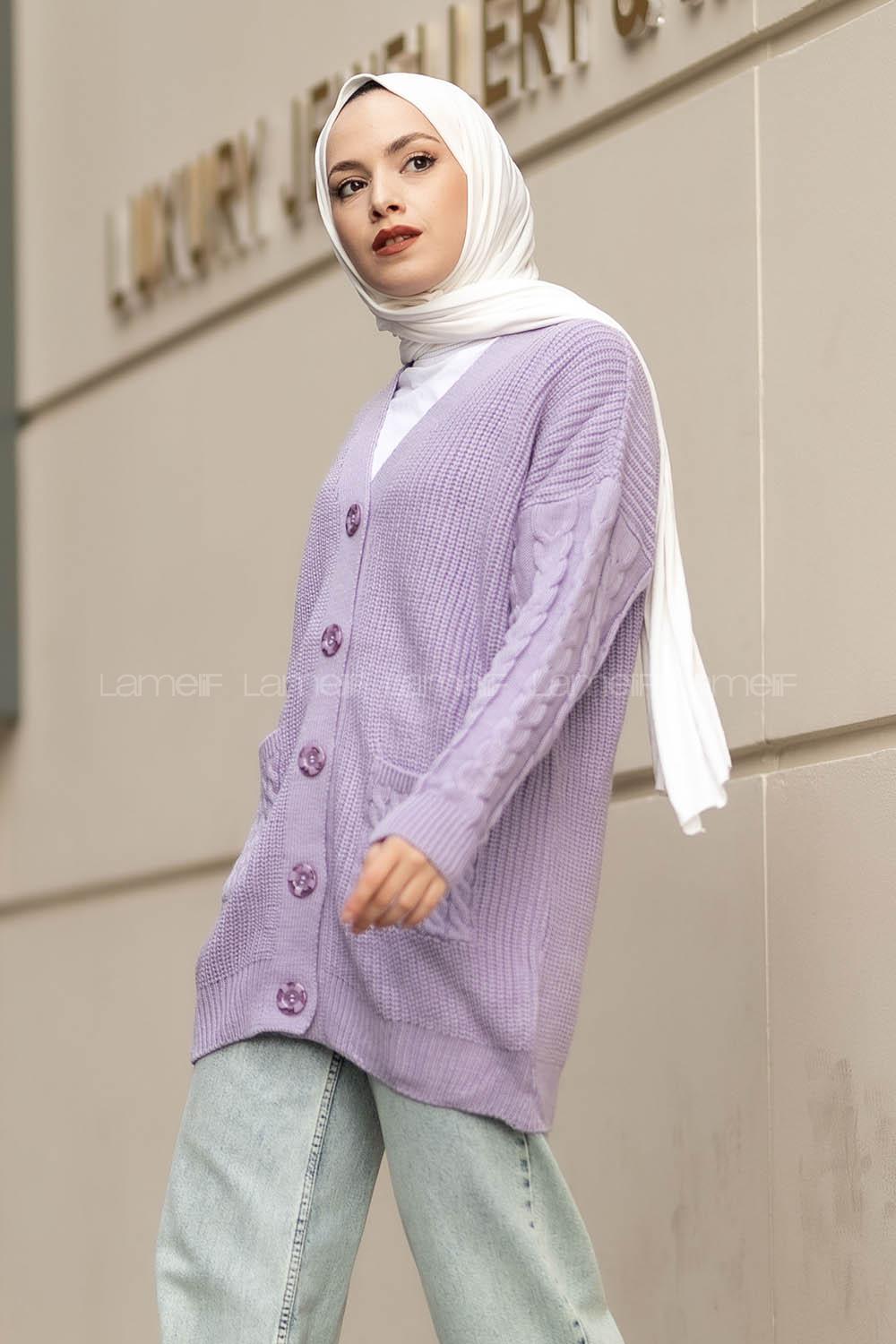 Modalamelif V Yaka Önü Düğmeli Saç Örgü Desenli Çift Cepli Hırka Lila