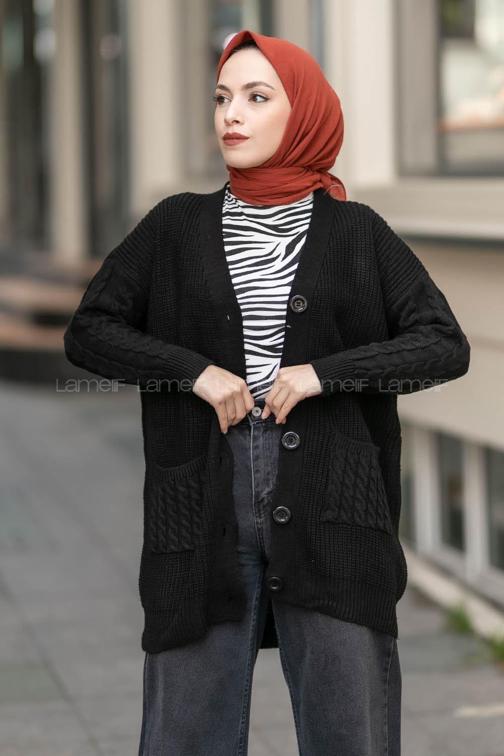 Modalamelif V Yaka Önü Düğmeli Saç Örgü Desenli Çift Cepli Hırka Siyah