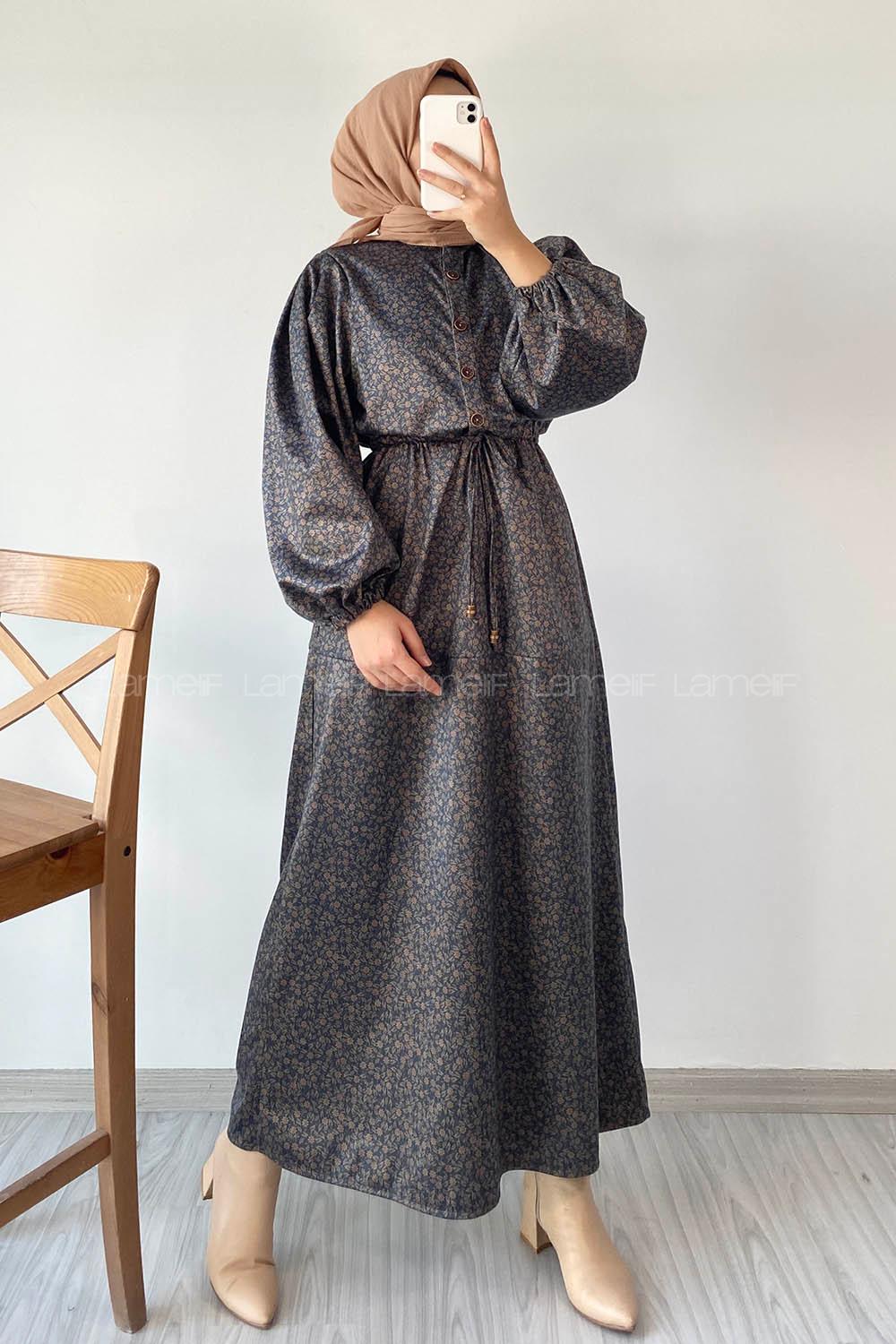 Modalamelif Beli Tünel Bağlamalı Yarım Düğmeli Çiçek Desenli Elbise Lacivert