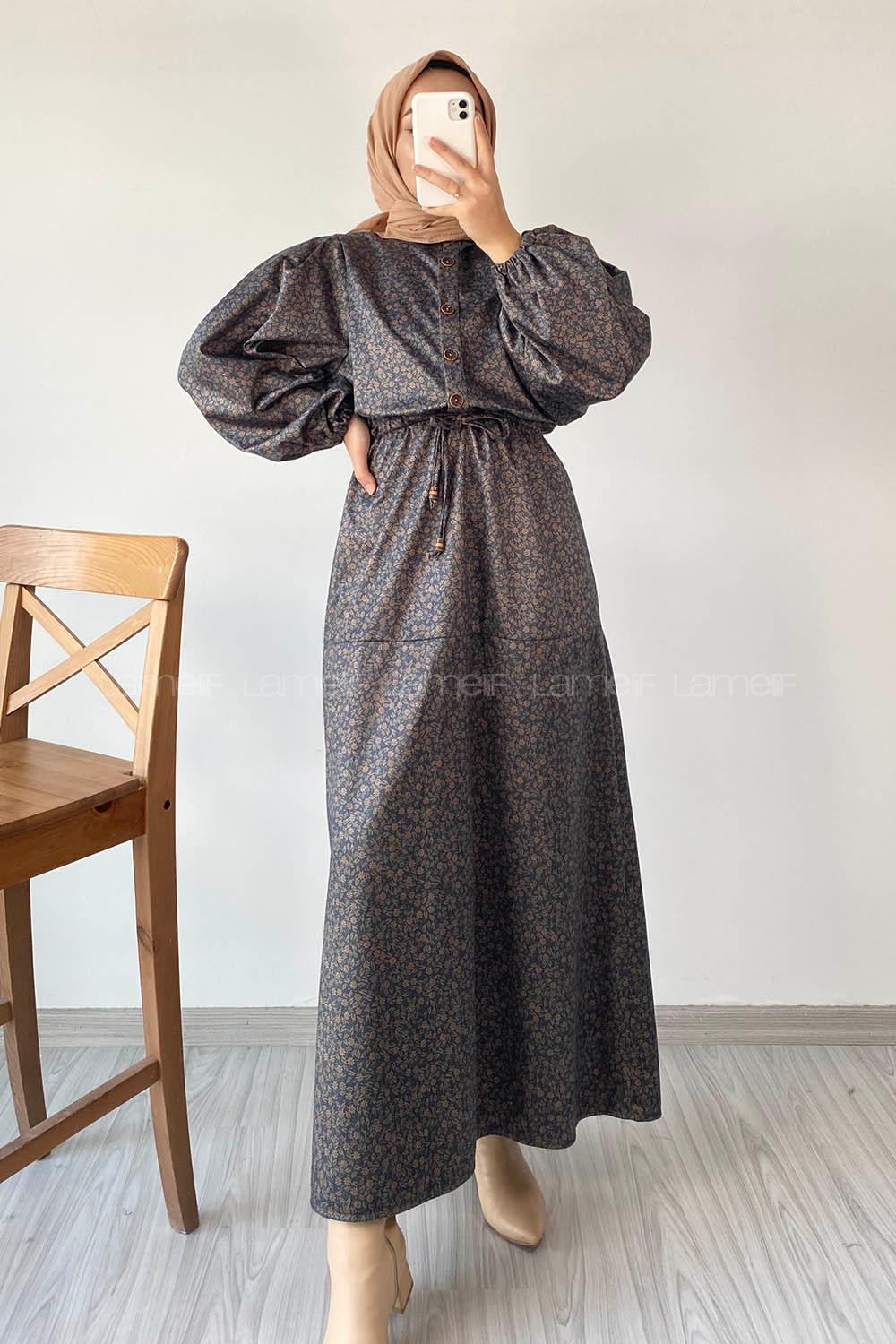 Modalamelif Beli Tünel Bağlamalı Yarım Düğmeli Çiçek Desenli Elbise Lacivert