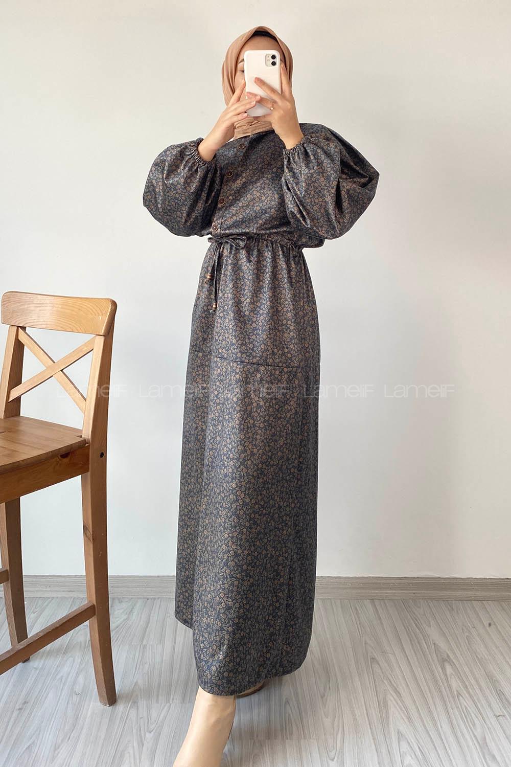 Modalamelif Beli Tünel Bağlamalı Yarım Düğmeli Çiçek Desenli Elbise Lacivert