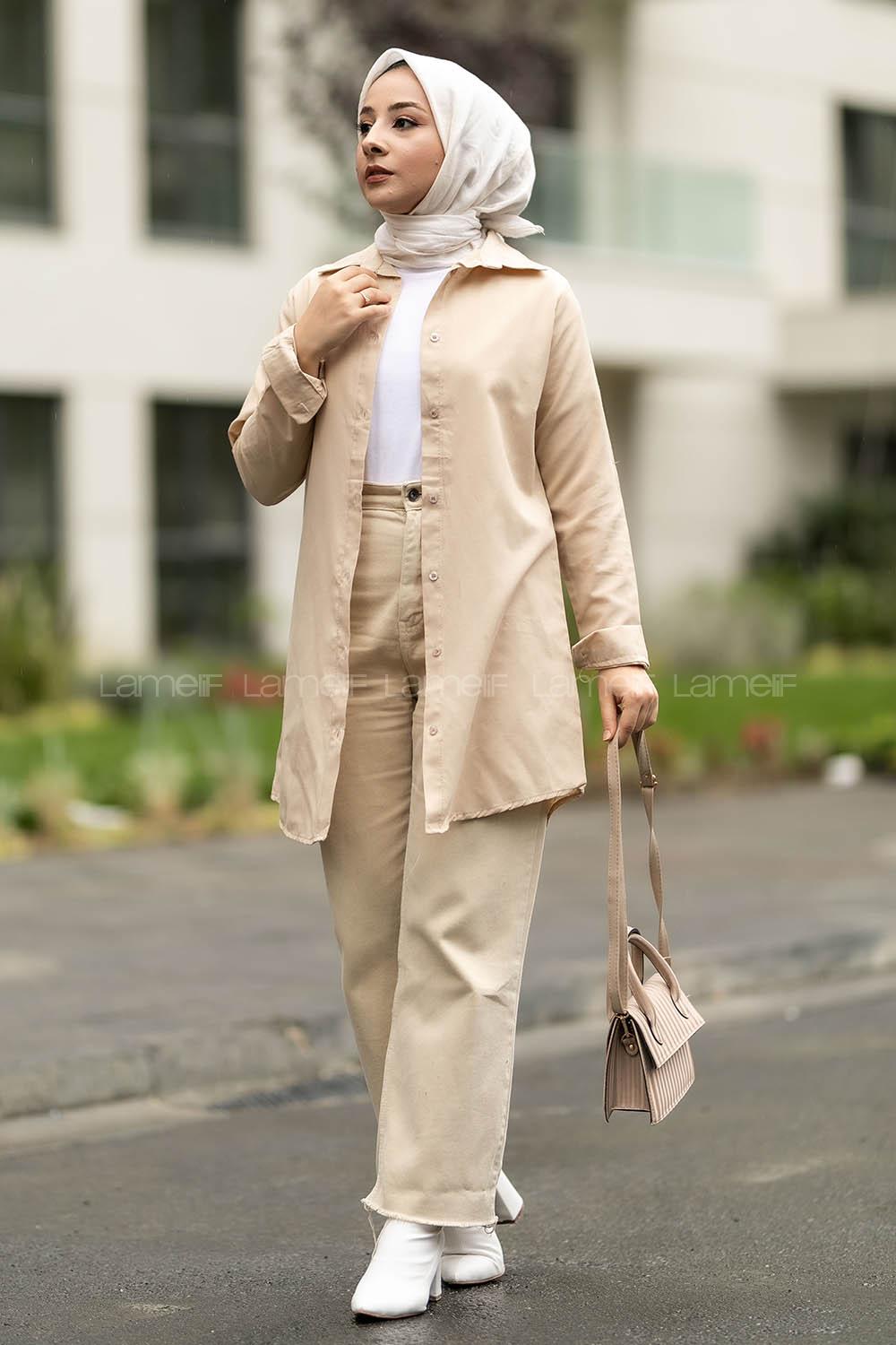 Modalamelif Boyfriend Boydan Düğmeli Gömlek Bej