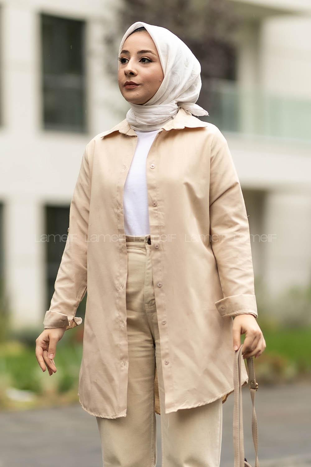 Modalamelif Boyfriend Boydan Düğmeli Gömlek Bej