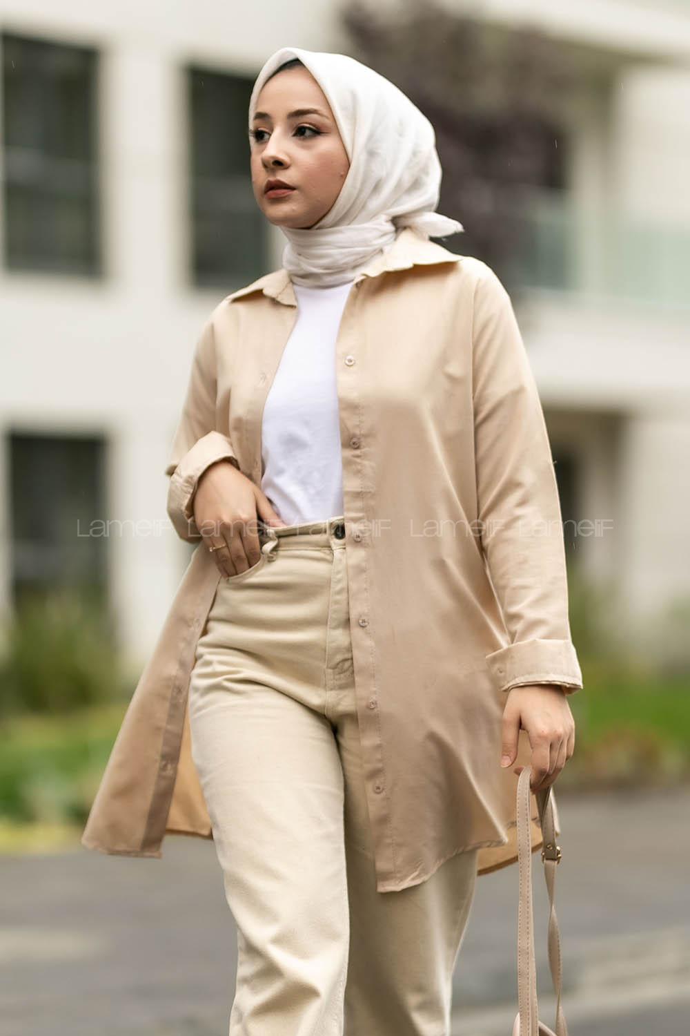 Modalamelif Boyfriend Boydan Düğmeli Gömlek Bej