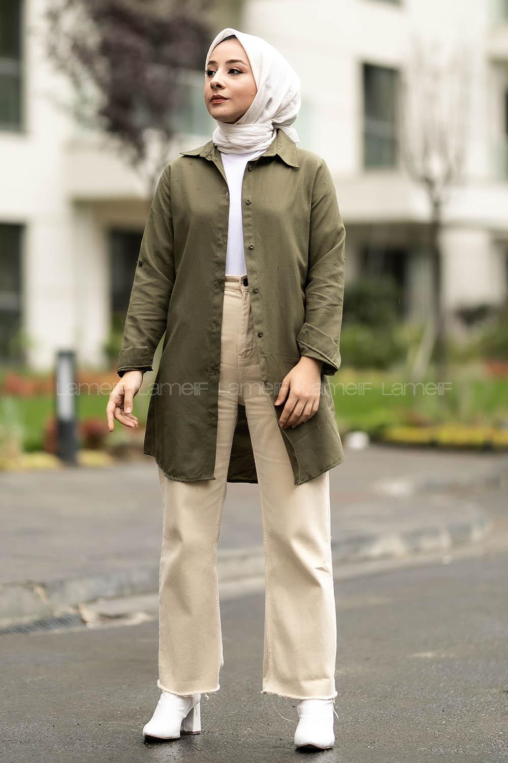 Modalamelif Boyfriend Boydan Düğmeli Gömlek Haki