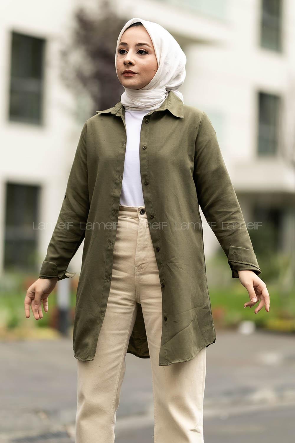 Modalamelif Boyfriend Boydan Düğmeli Gömlek Haki