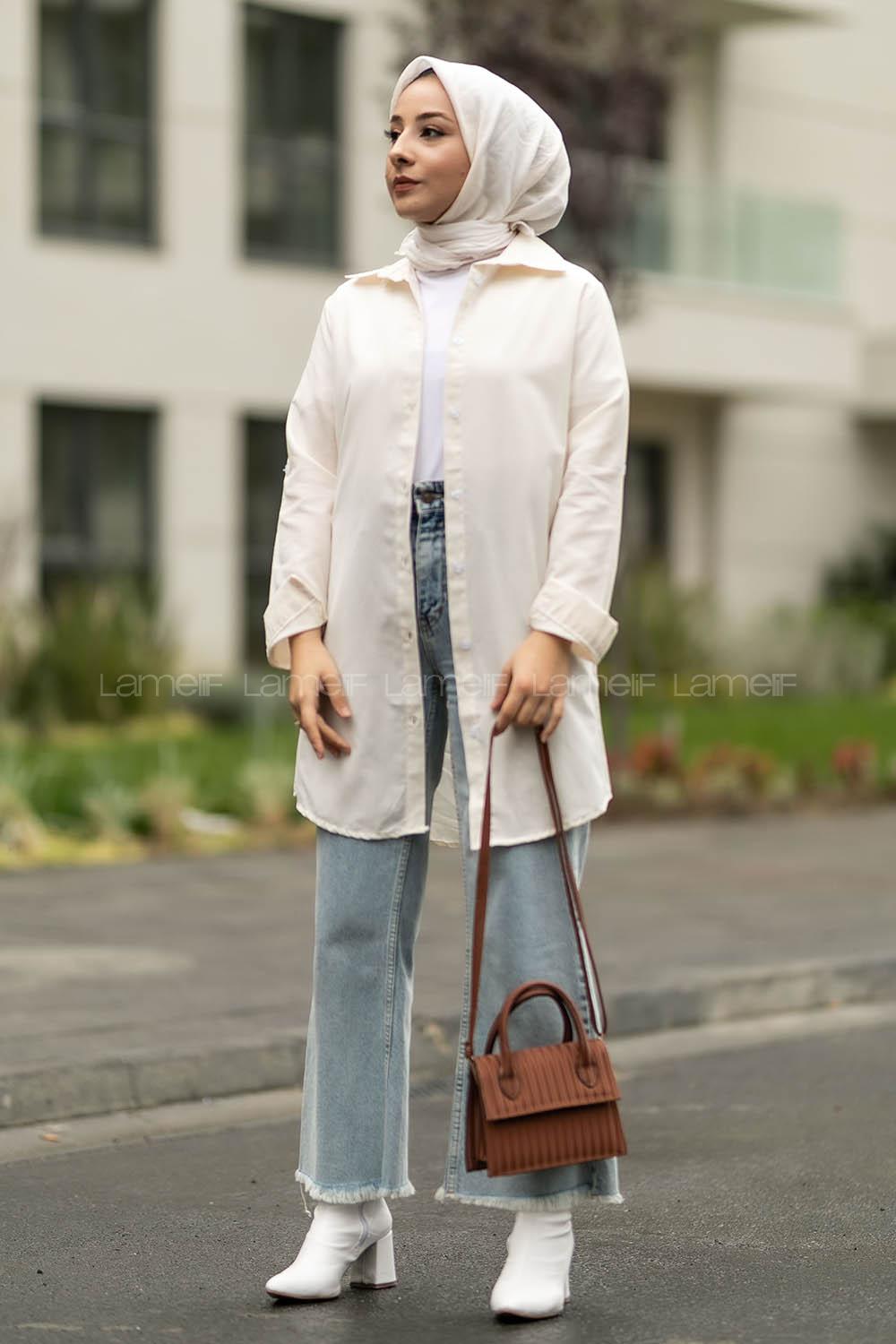 Modalamelif Boyfriend Boydan Düğmeli Gömlek Krem