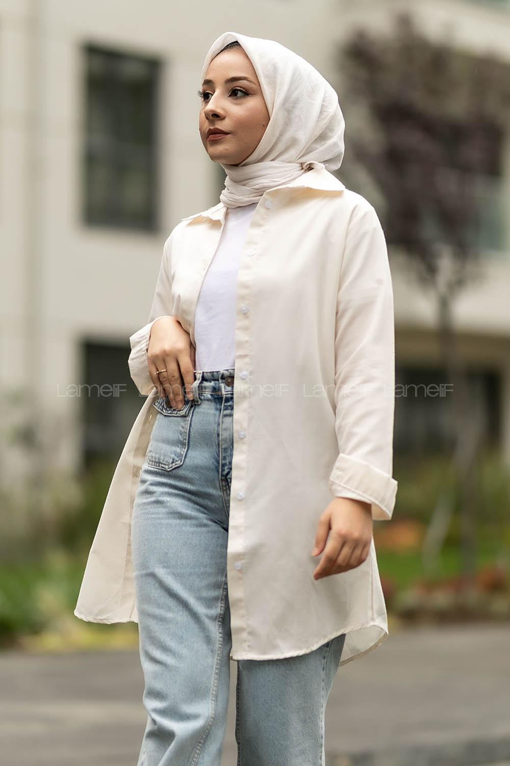 Modalamelif Boyfriend Boydan Düğmeli Gömlek Krem