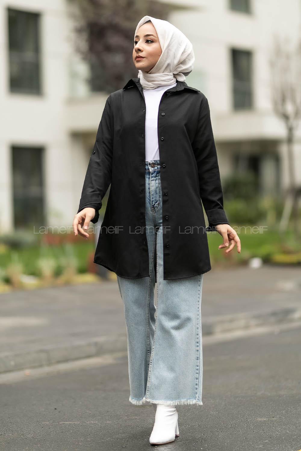 Modalamelif Boyfriend Boydan Düğmeli Gömlek Siyah