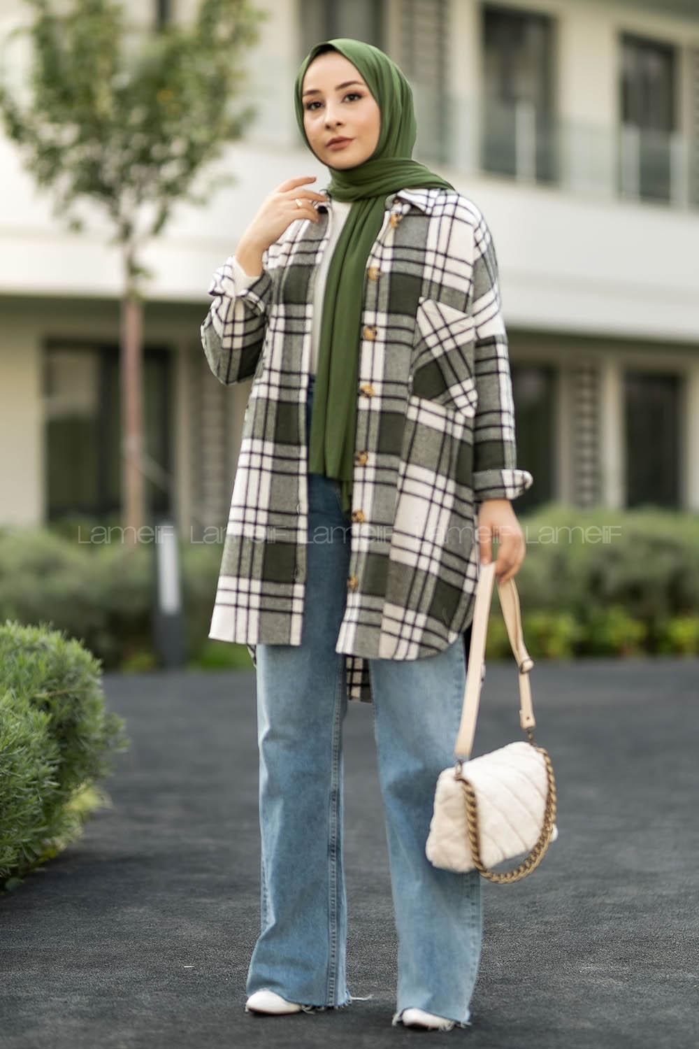 Modalamelif Çift Cepli Önü Boydan Düğmeli Ekose Tunik Haki