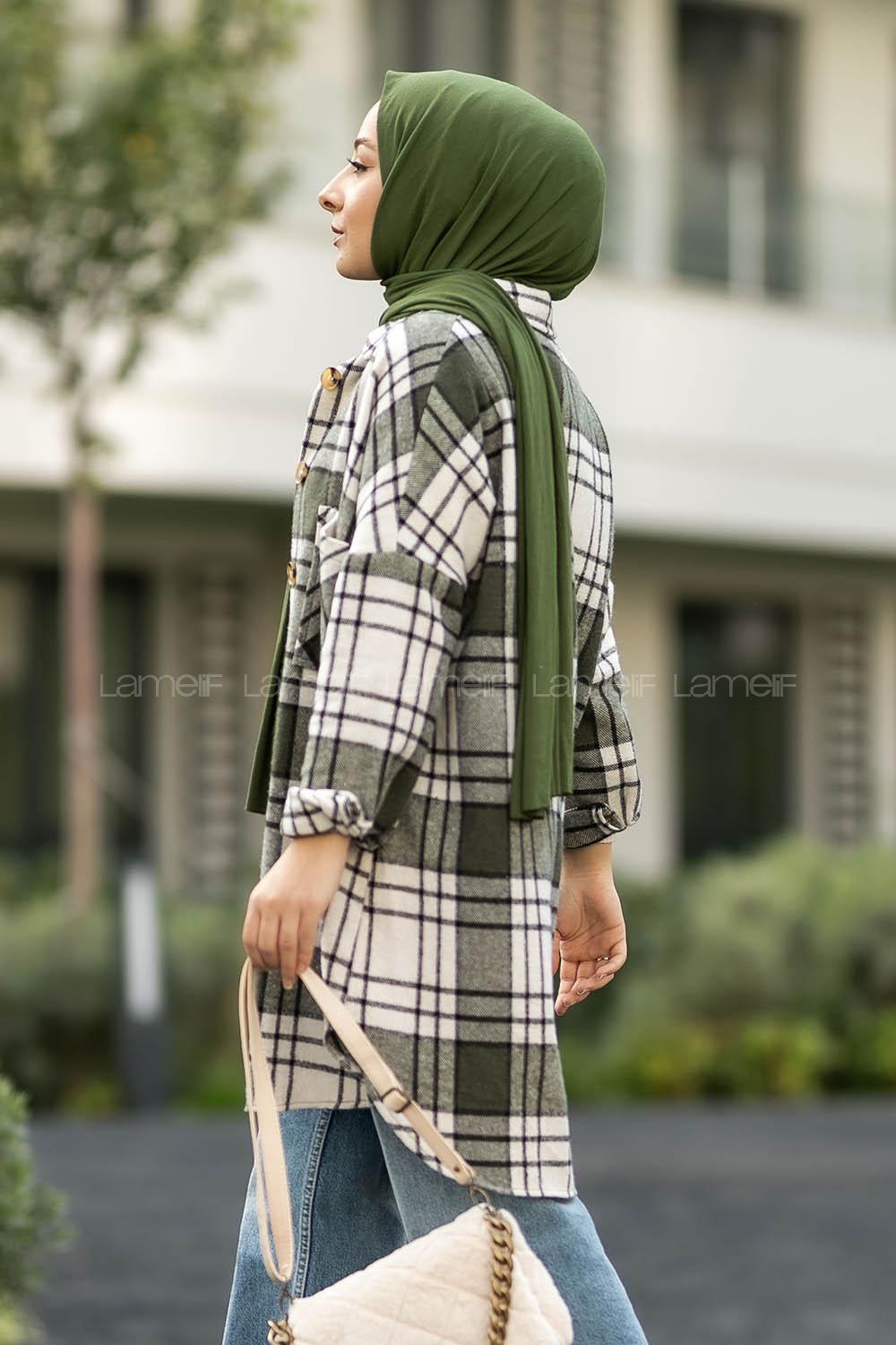 Modalamelif Çift Cepli Önü Boydan Düğmeli Ekose Tunik Haki