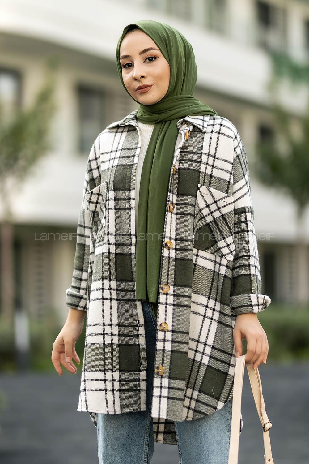 Modalamelif Çift Cepli Önü Boydan Düğmeli Ekose Tunik Haki