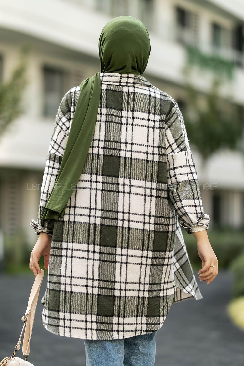 Modalamelif Çift Cepli Önü Boydan Düğmeli Ekose Tunik Haki