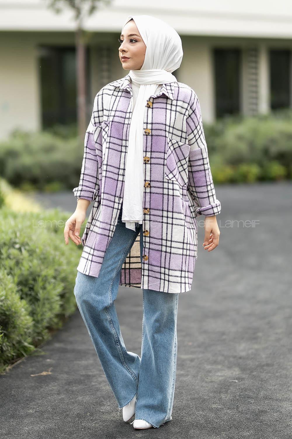 Modalamelif Çift Cepli Önü Boydan Düğmeli Ekose Tunik Lila