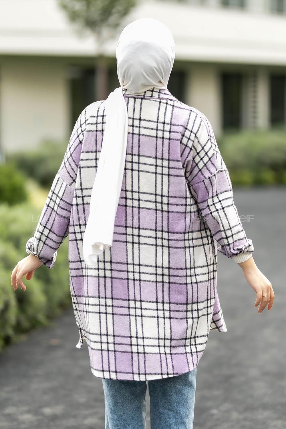 Modalamelif Çift Cepli Önü Boydan Düğmeli Ekose Tunik Lila