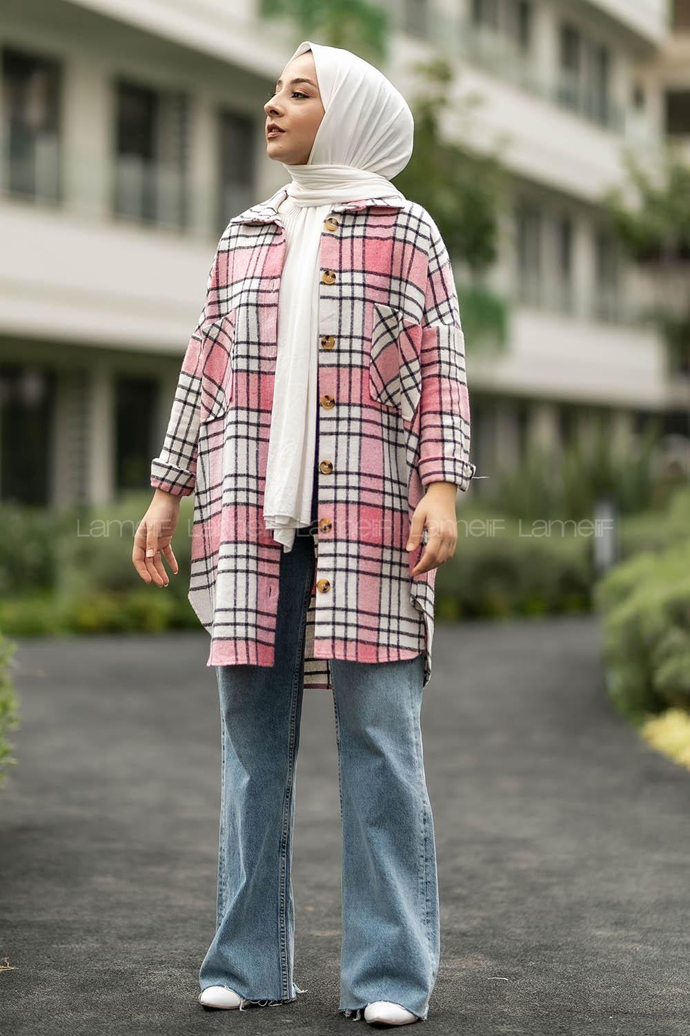 Modalamelif Çift Cepli Önü Boydan Düğmeli Ekose Tunik Pembe-Gri