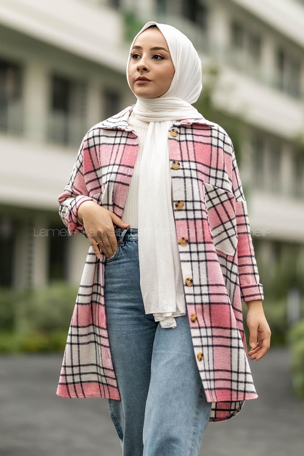 Modalamelif Çift Cepli Önü Boydan Düğmeli Ekose Tunik Pembe-Gri