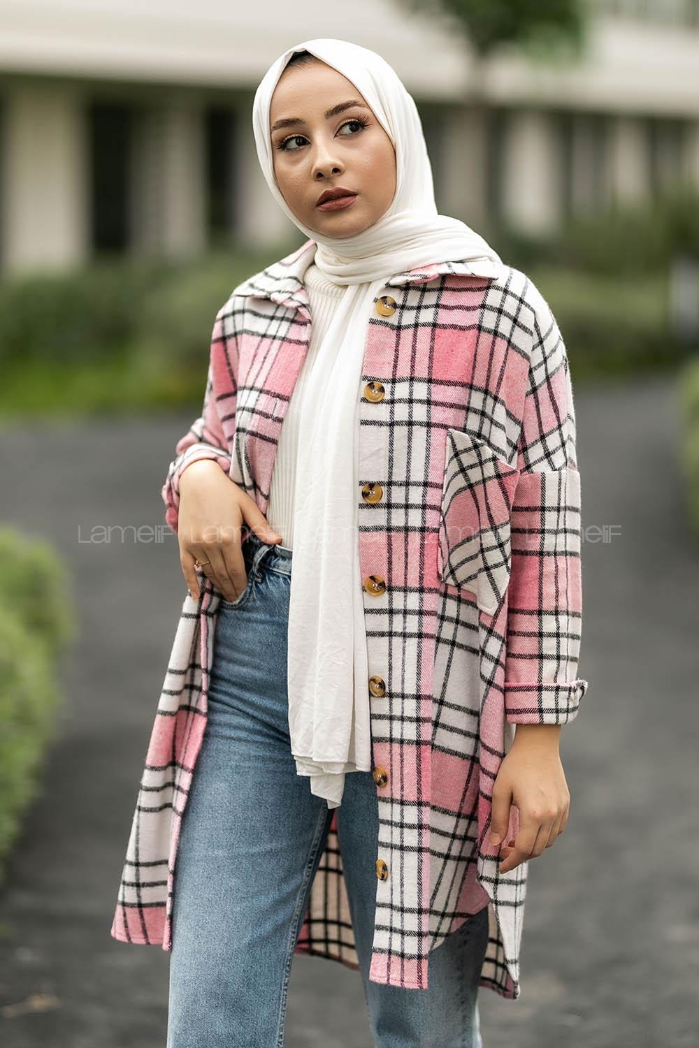 Modalamelif Çift Cepli Önü Boydan Düğmeli Ekose Tunik Pembe-Gri