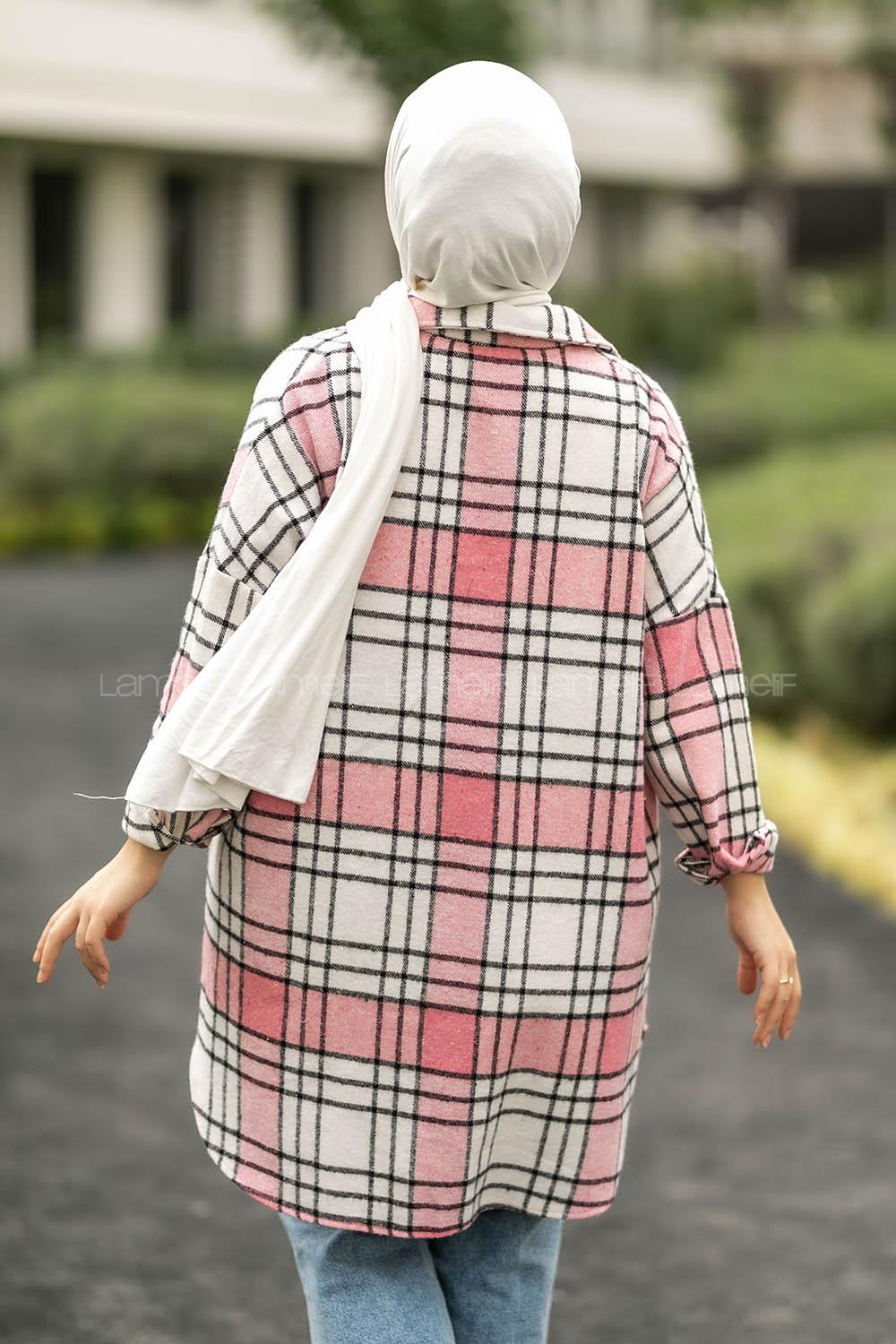 Modalamelif Çift Cepli Önü Boydan Düğmeli Ekose Tunik Pembe-Gri