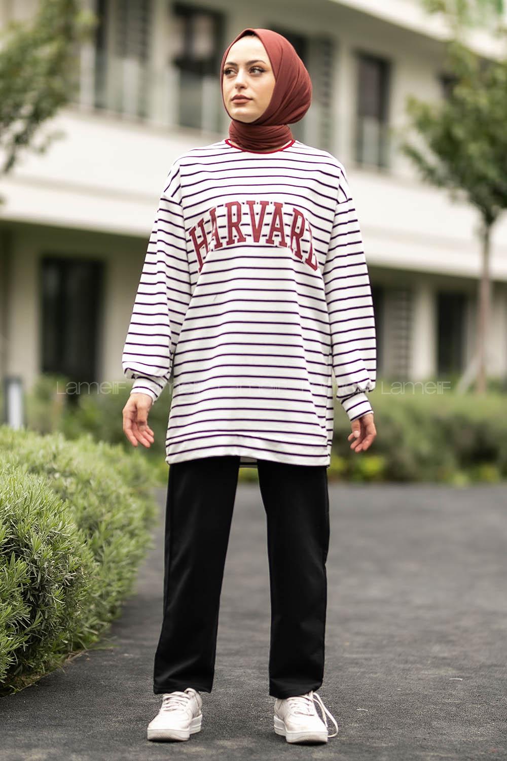 Modalamelif Harvard Yazı Baskılı Çizgi Şeritli İkili Takım Beyaz