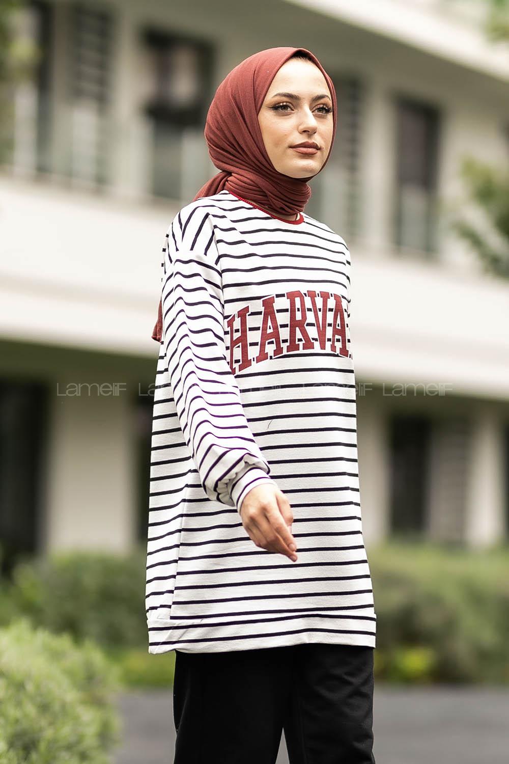 Modalamelif Harvard Yazı Baskılı Çizgi Şeritli İkili Takım Beyaz