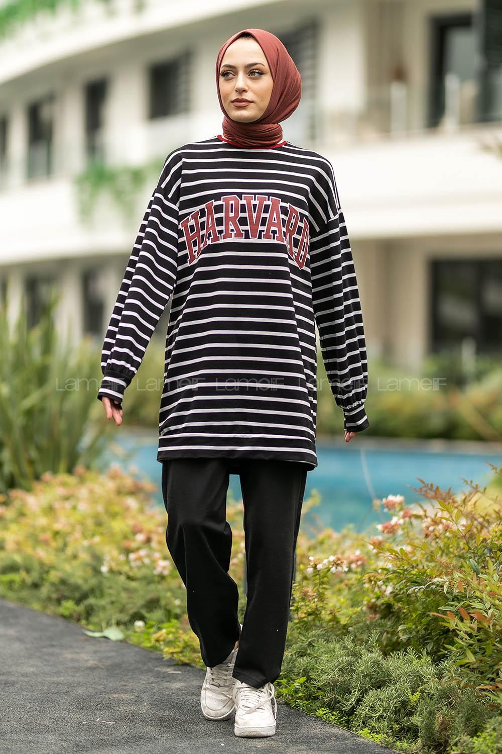 Modalamelif Harvard Yazı Baskılı Çizgi Şeritli İkili Takım Siyah