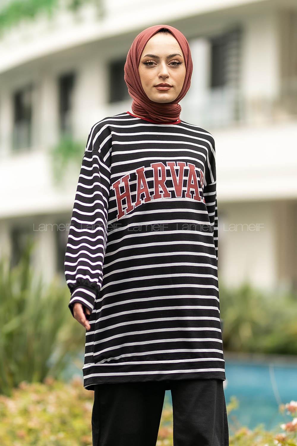 Modalamelif Harvard Yazı Baskılı Çizgi Şeritli İkili Takım Siyah
