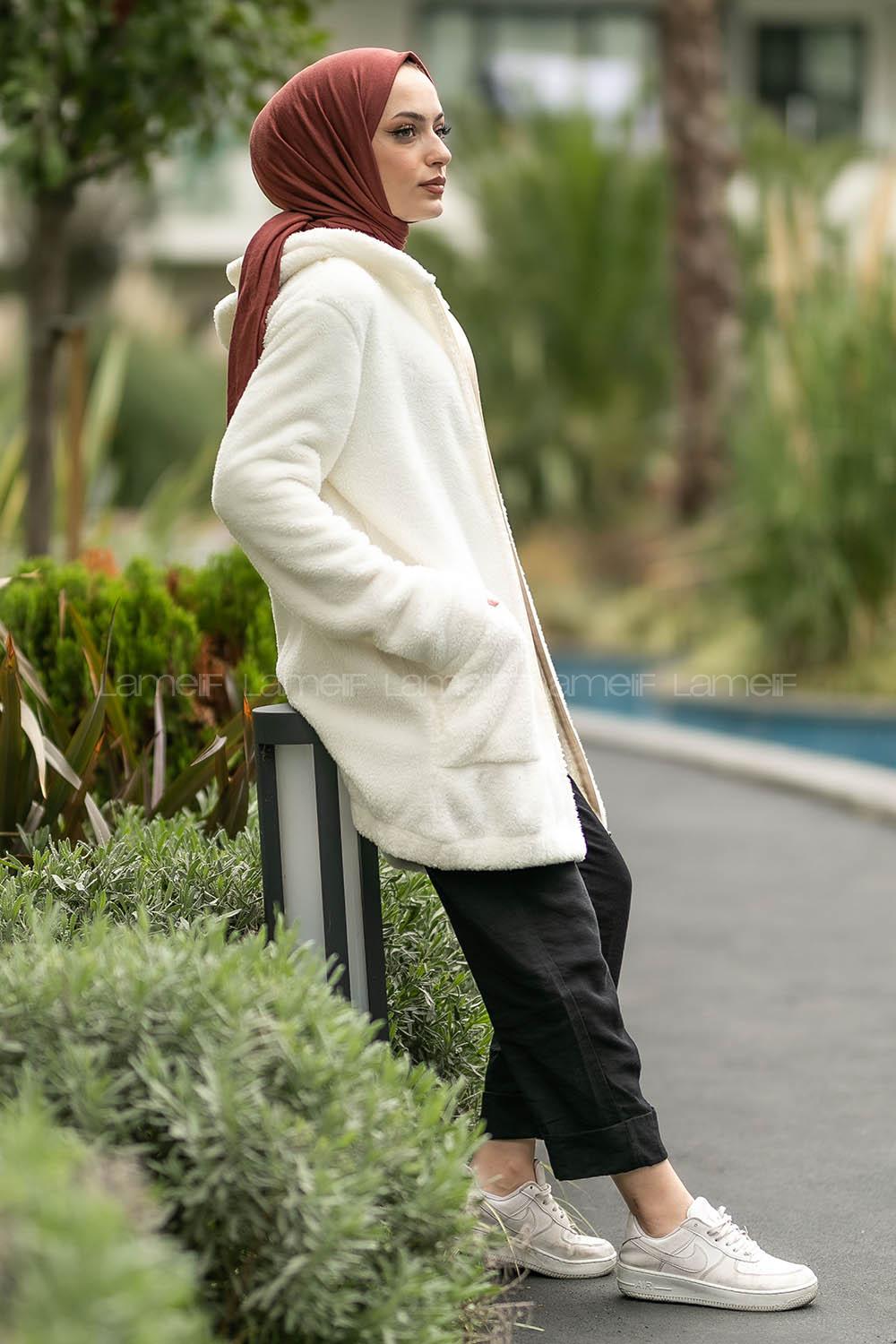 Modalamelif Kapüşonlu Fermuarlı Çift Cepli Peluş Hırka Ekru
