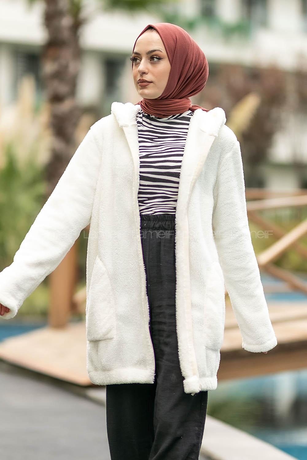 Modalamelif Kapüşonlu Fermuarlı Çift Cepli Peluş Hırka Ekru