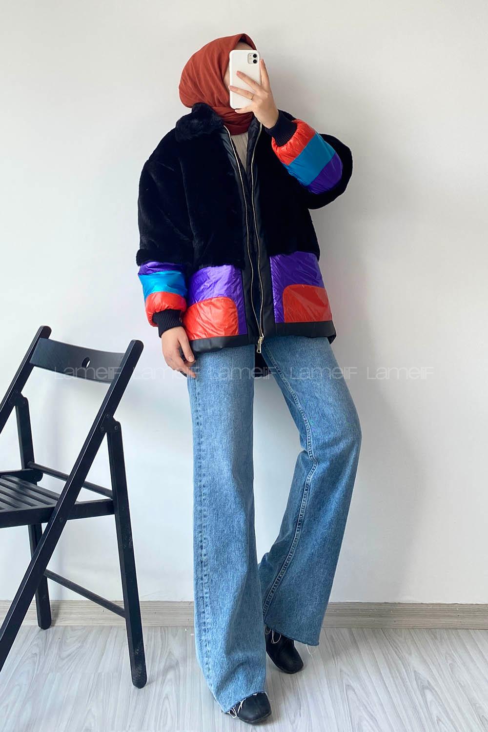 Modalamelif Kürk Garnili Renkli Mont Koyu Siyah