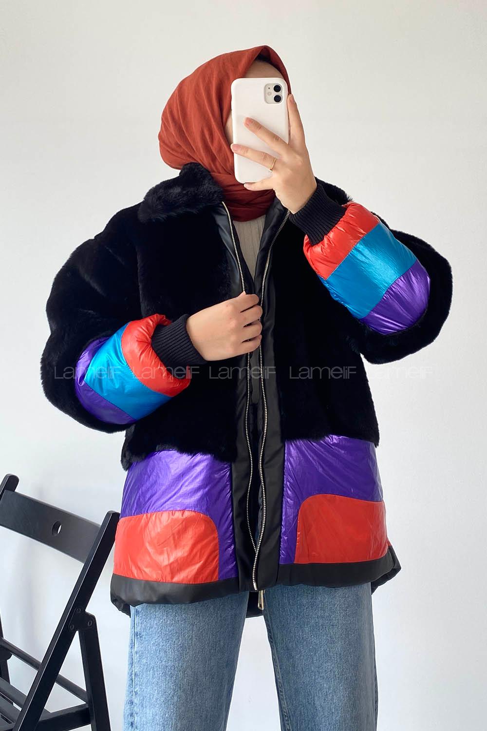 Modalamelif Kürk Garnili Renkli Mont Koyu Siyah