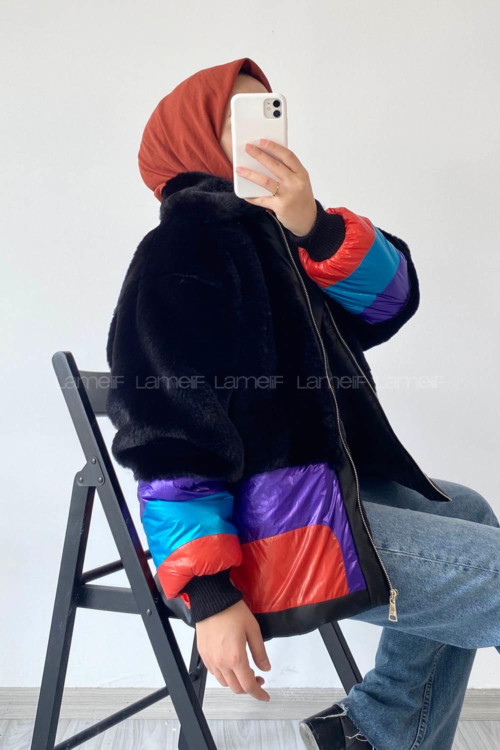 Modalamelif Kürk Garnili Renkli Mont Koyu Siyah