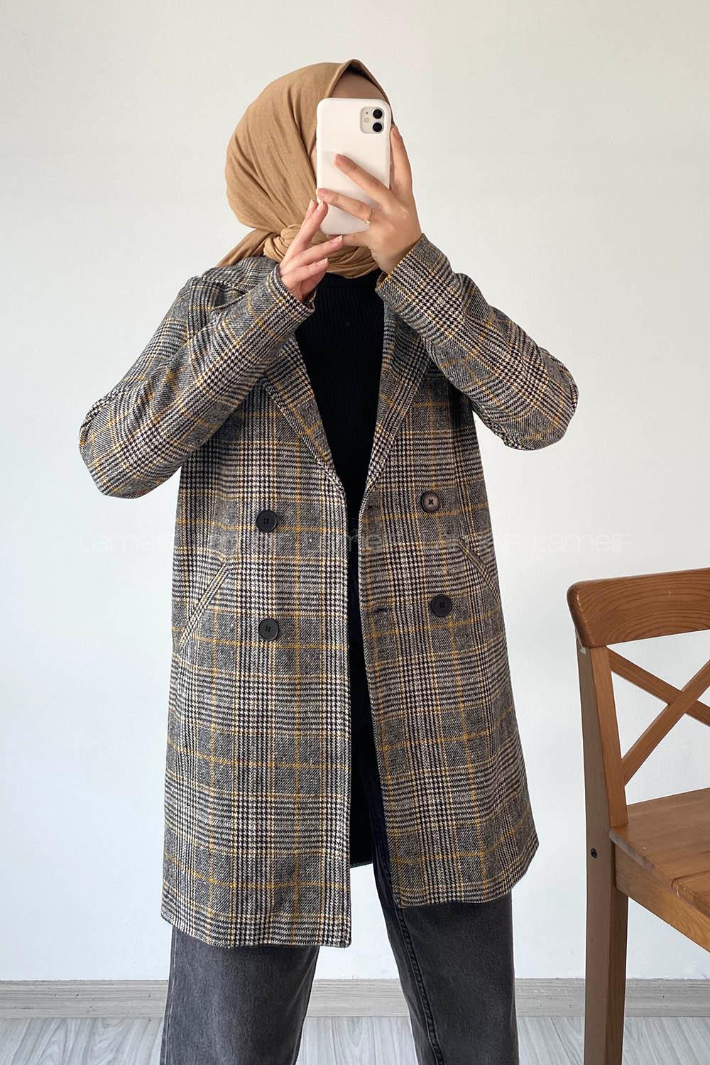 Modalamelif Kuruvaze Ekose Ceket Hardal-Siyah