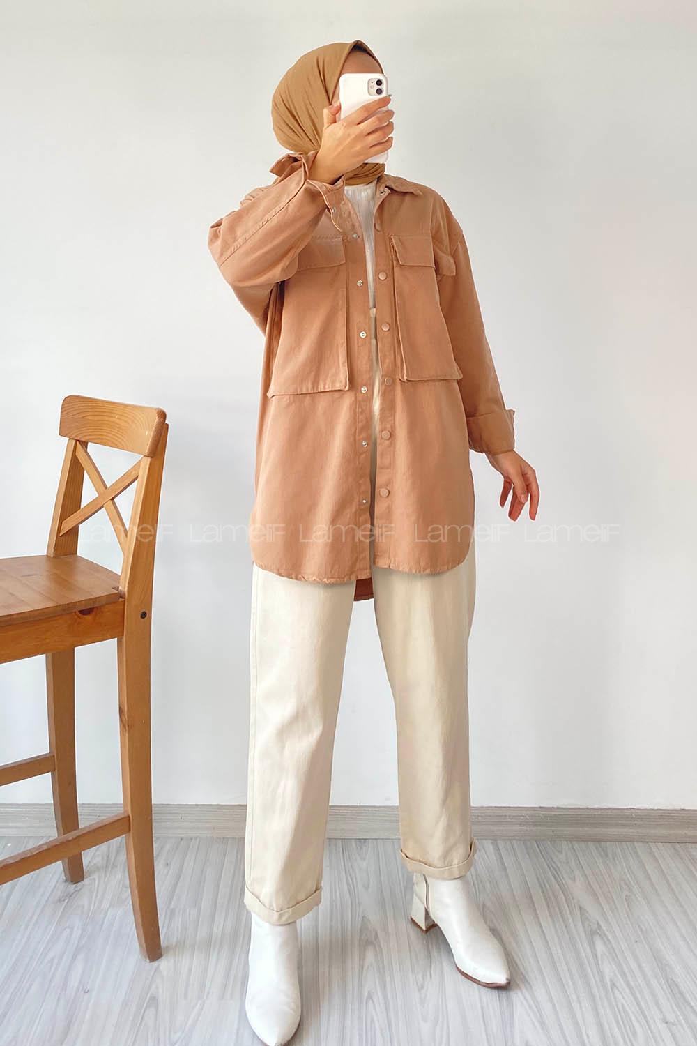 Modalamelif Önü Boydan Çıt Çıt Düğmeli Çift Cepli Gabardin Gömlek Sütlükahve