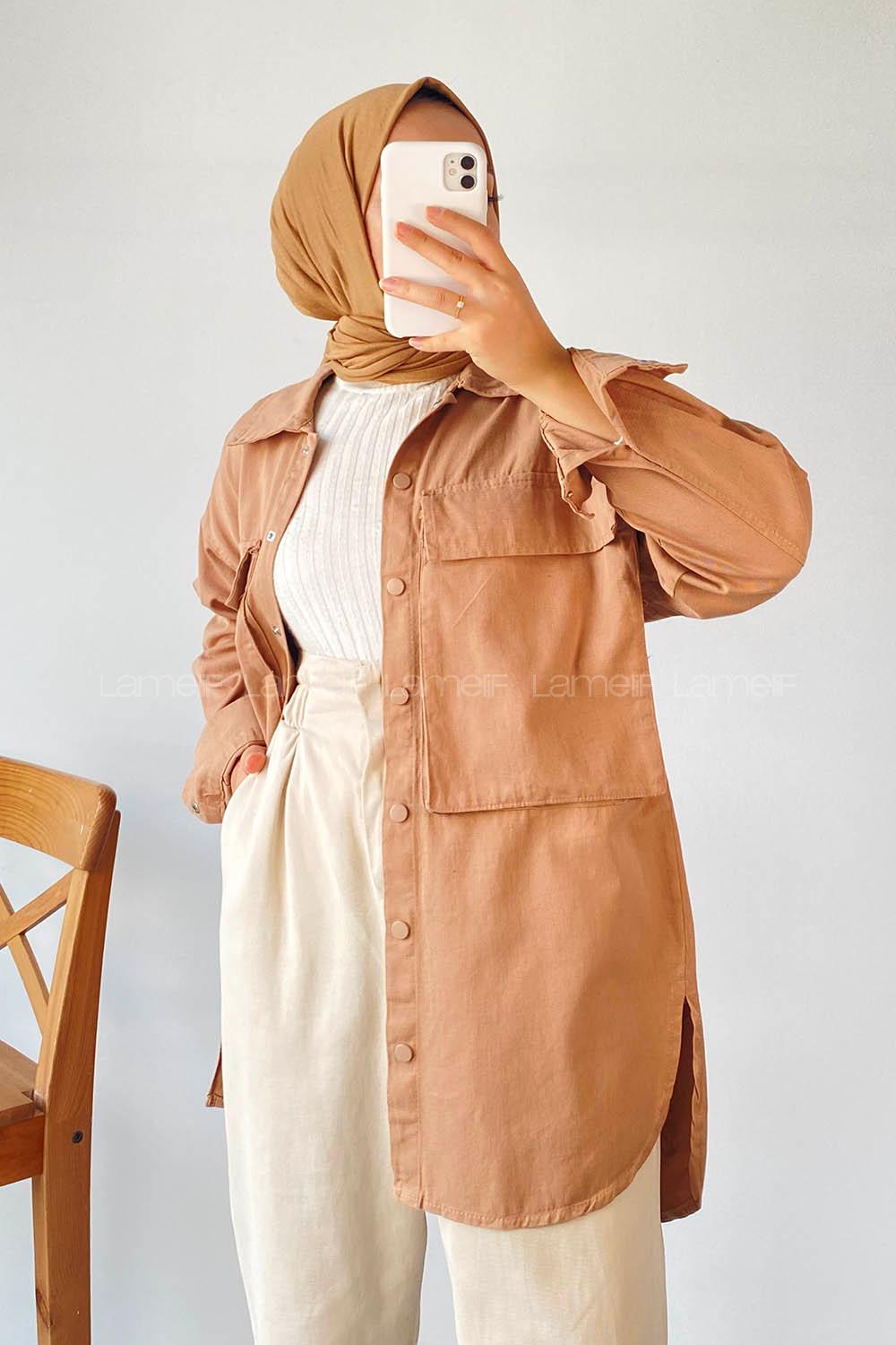 Modalamelif Önü Boydan Çıt Çıt Düğmeli Çift Cepli Gabardin Gömlek Sütlükahve