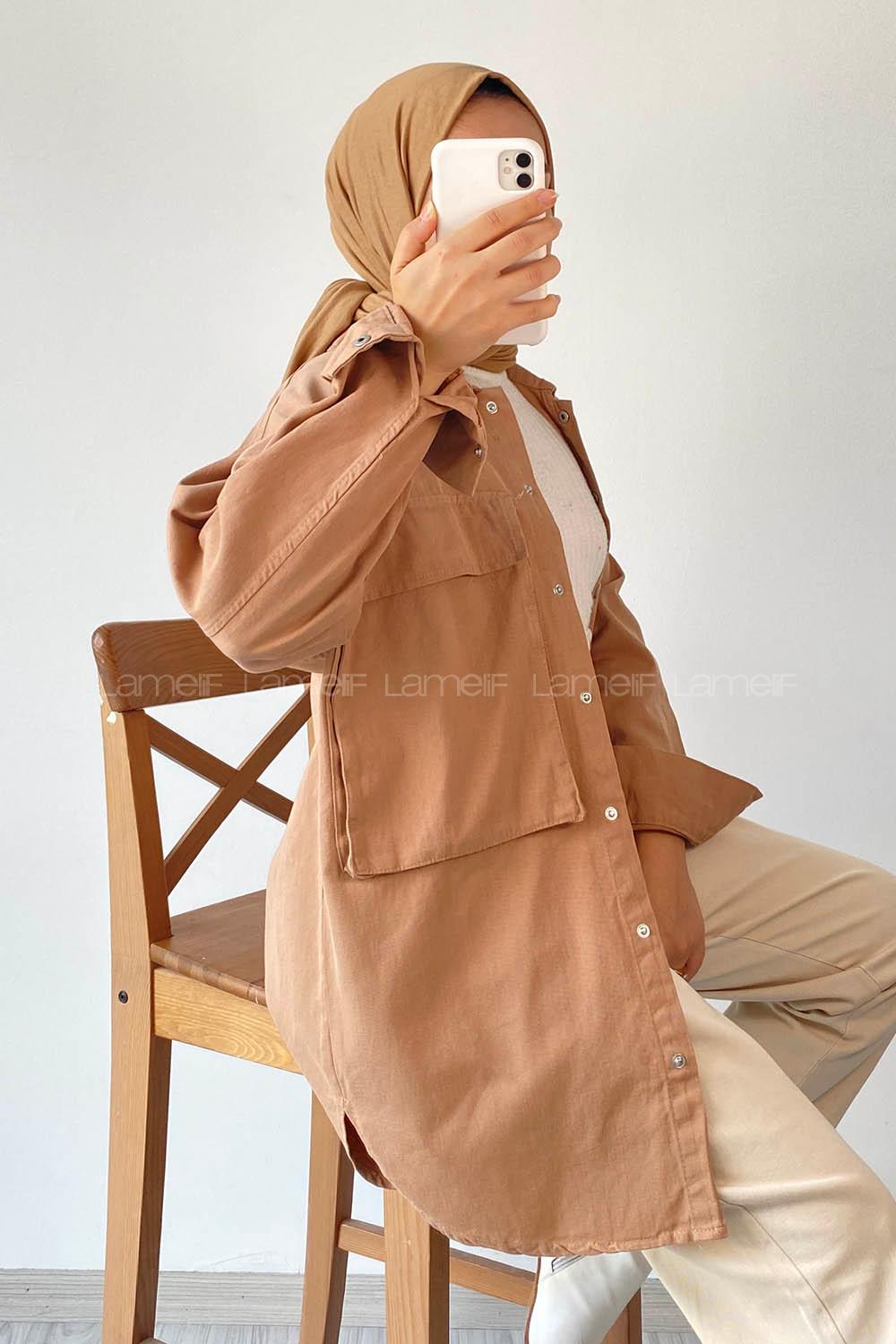 Modalamelif Önü Boydan Çıt Çıt Düğmeli Çift Cepli Gabardin Gömlek Sütlükahve