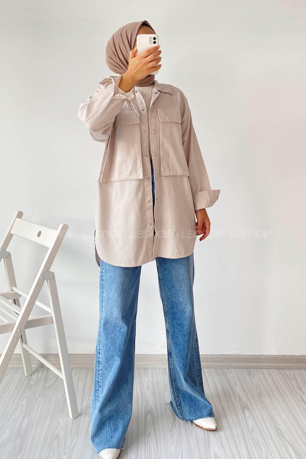 Modalamelif Önü Boydan Çıt Çıt Düğmeli Çift Cepli Gabardin Gömlek Taşrengi