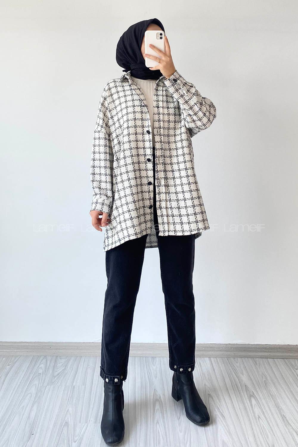 Modalamelif Önü Boydan Düğmeli Kareli Şanel Gömlek Beyaz