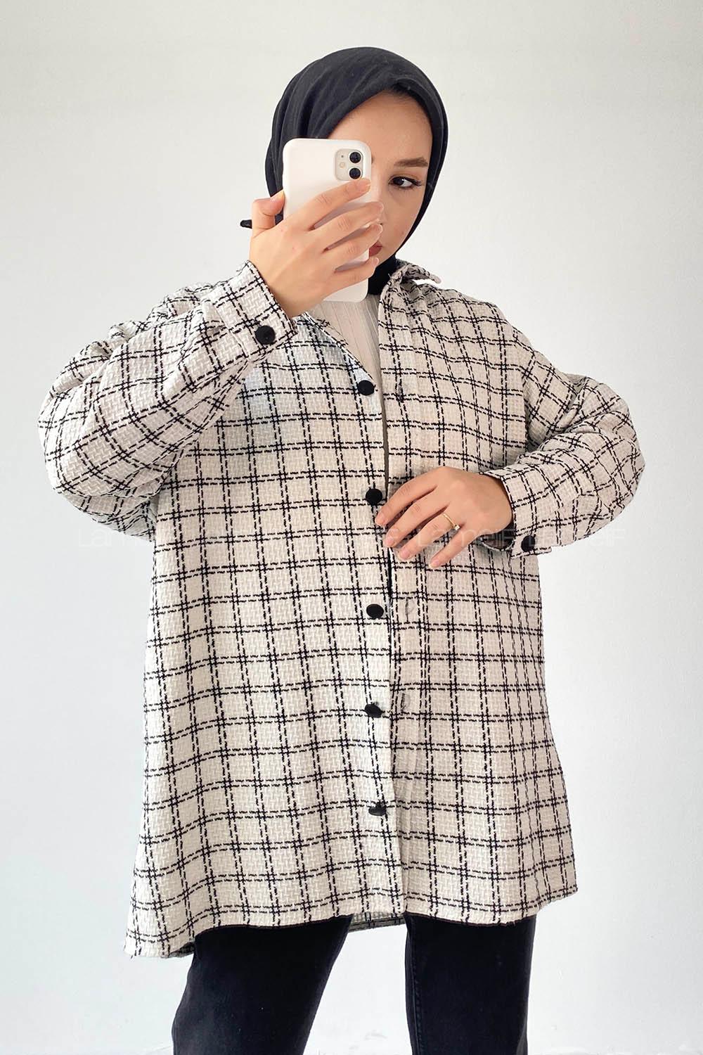 Modalamelif Önü Boydan Düğmeli Kareli Şanel Gömlek Beyaz