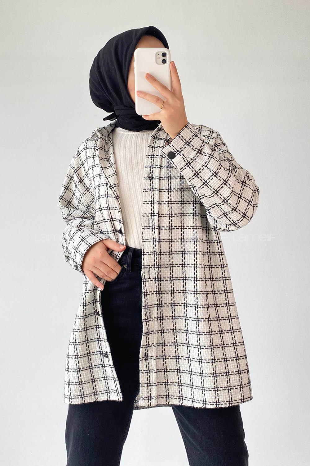 Modalamelif Önü Boydan Düğmeli Kareli Şanel Gömlek Beyaz