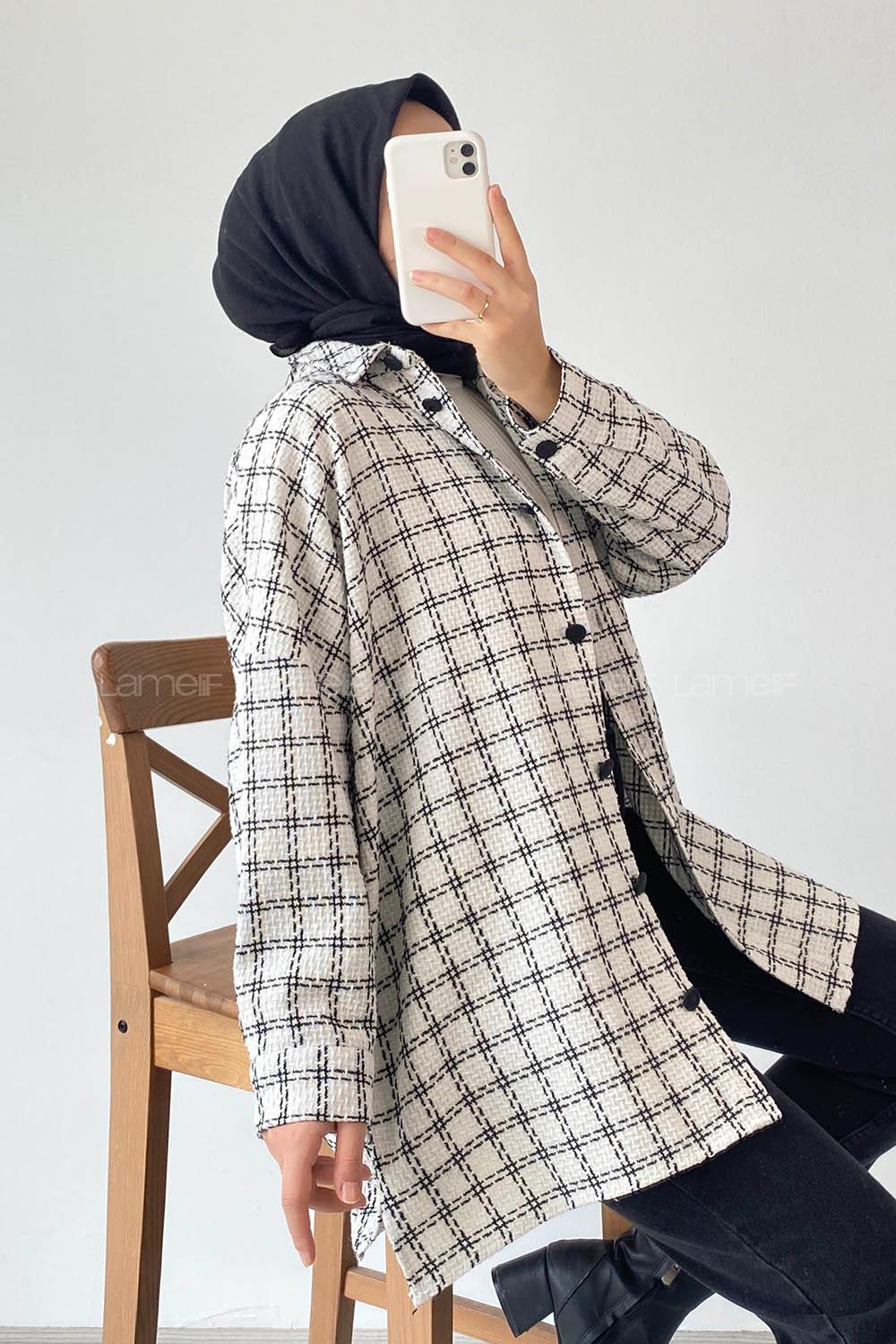 Modalamelif Önü Boydan Düğmeli Kareli Şanel Gömlek Beyaz